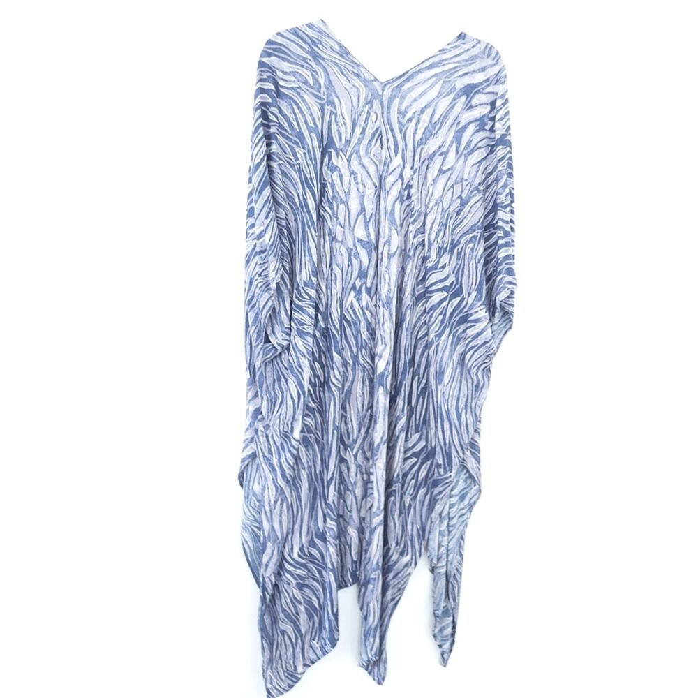 Final Touch Kimono Medium Open Front Long Length Blue White Swim Coverup Flowy - Picture 2 of 7